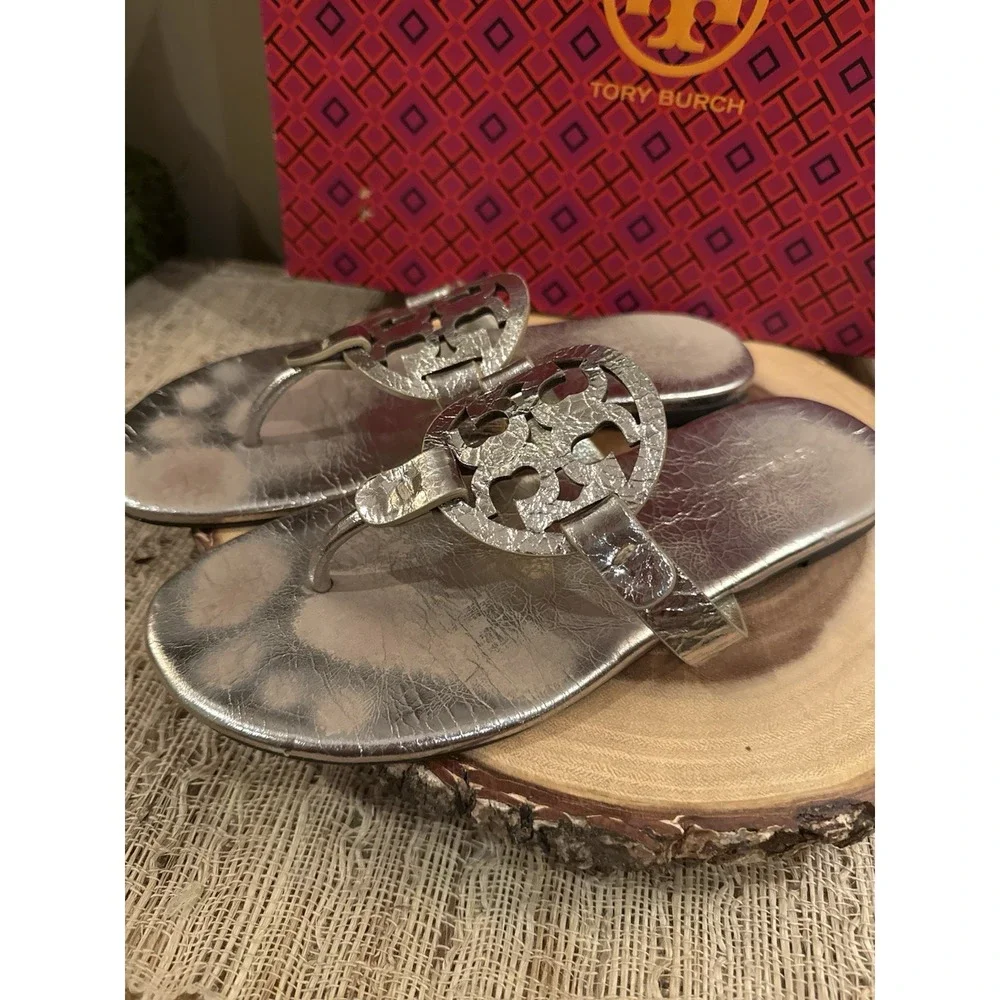 Tory Burch Miller Metallic Wrinkled Leather‎ Sandals in Spark Gold Women's 8